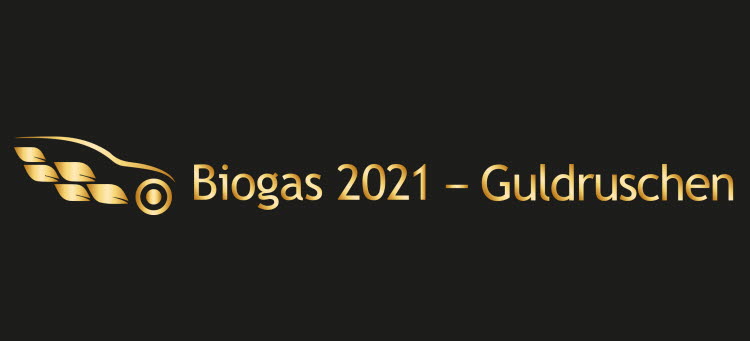 Texten Biogas 21021 - Guldruschen i guldfärgad text mot svart bakgrund