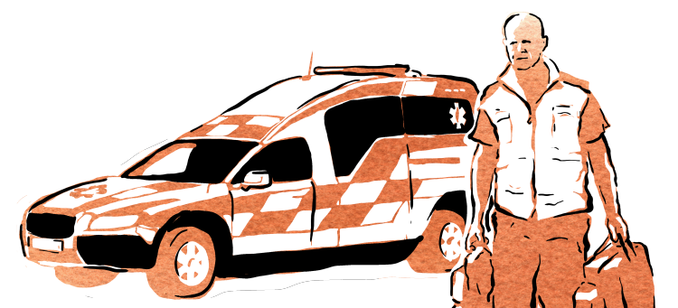 Illustration av en ambulans och personal.