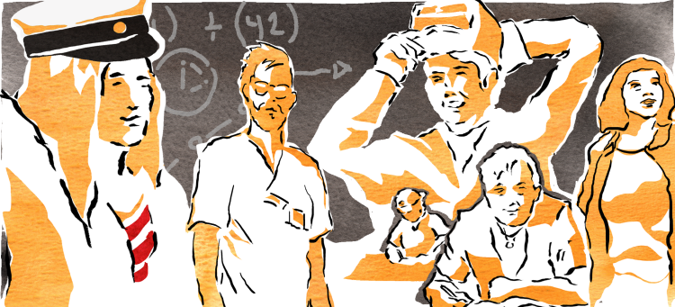 Illustration med unga människor i olika yrkesroller