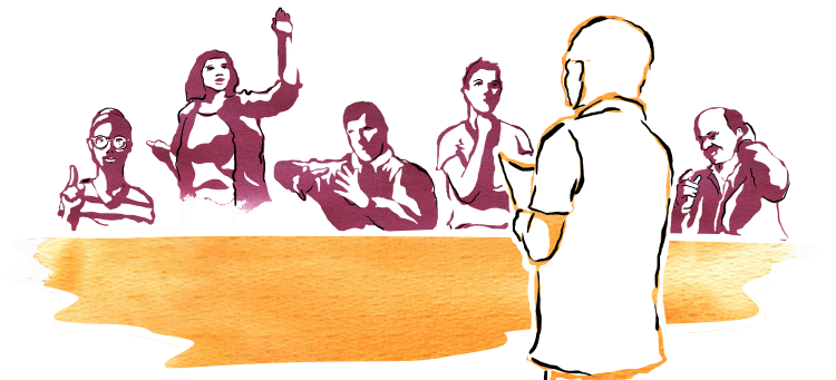 Illustration föreställande fem personer vid ett bord som diskuterar med en stående person