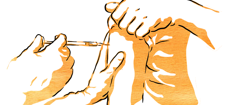 Illustration där en person får en spruta i armen.