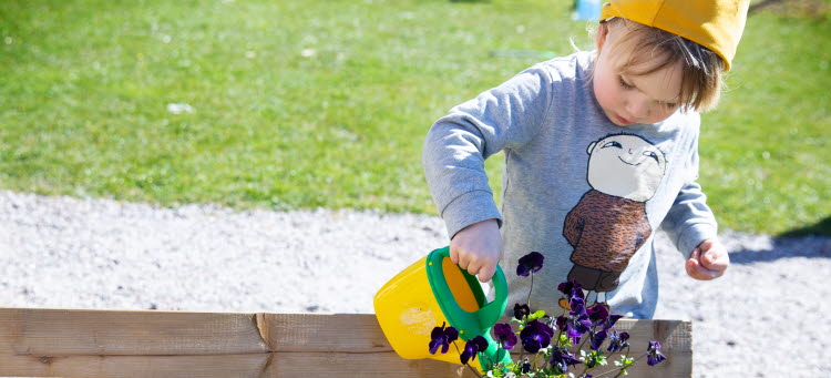 Småbarn som vattnar sina blommor